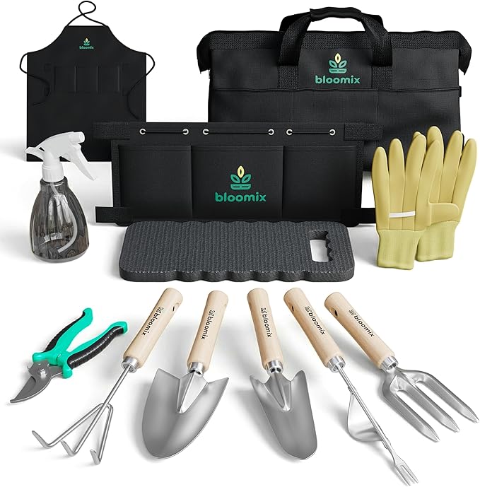 Bloomix 12Pcs Gardening Tools Set - Heavy Duty Garden Tools Set with Tool Bag Kneeling Pad Apron &amp More Garden Accessories - Stainless Steel Plant Care Kit Supplies Gardening Gifts for Women Me