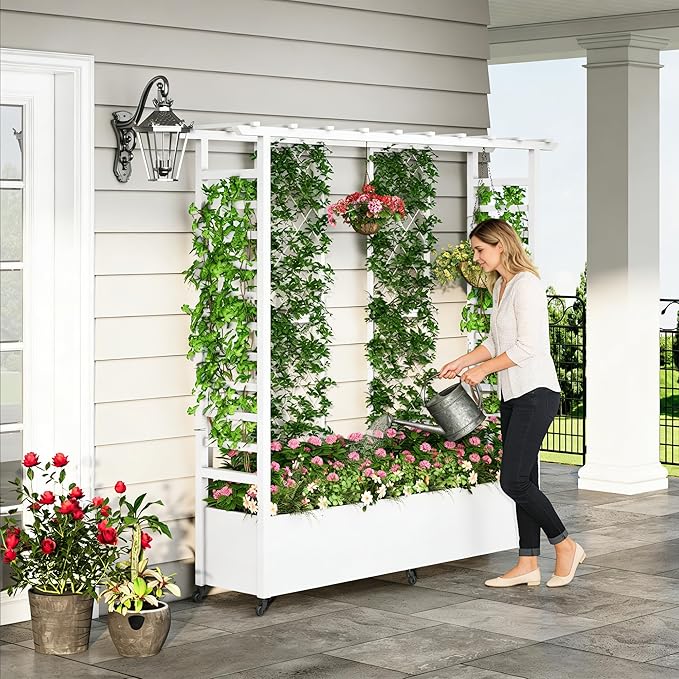 Raised Garden Bed with Trellis &amp Hanging Roof Weatherproof Metal Planter Box with Wheels Garden Arch Trellis for Outdoor Climbing Plants Vines Flowers 74 H x 77 L x 17 W White