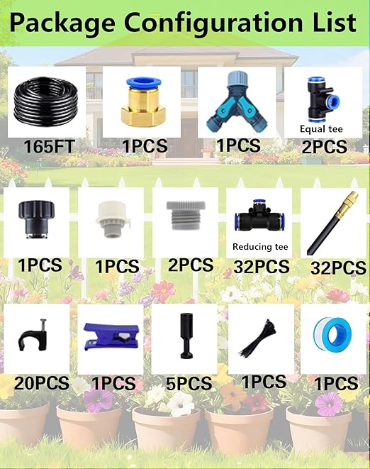 Drip Irrigation System - 360° Adjustable Micro Spray Sprinkler Kit for Garden Easy Installation No Tools Fine Mist Watering for Garden Potted Plants Greenhouse (165 FT)