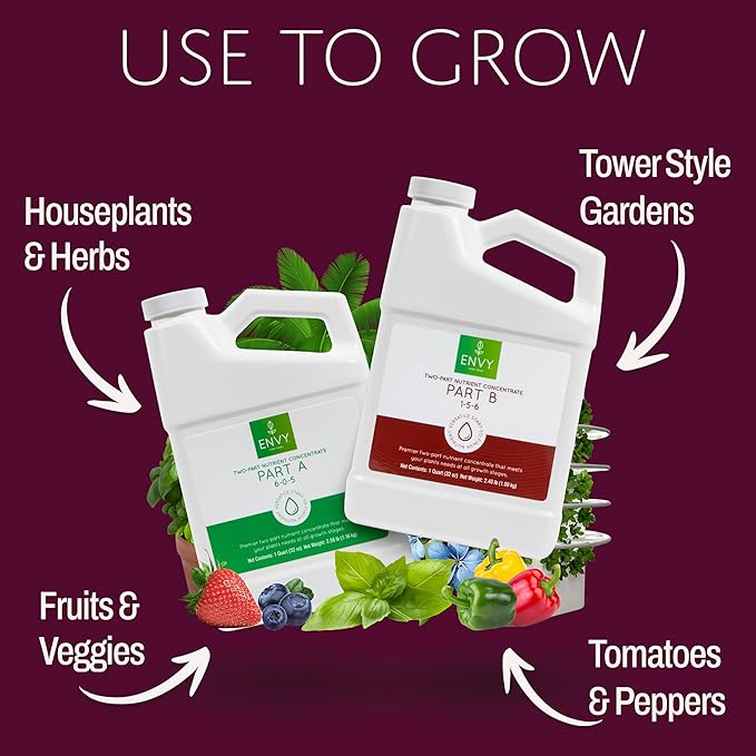 ENVY Hydroponic Plant Food A &amp B – Two-Part Liquid Nutrient for Indoor/Outdoor Plants – Soil Coco Hydroponics DWC – Quart Set