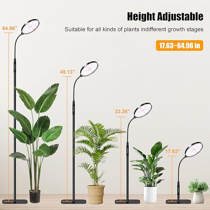 Floor Grow Lights for Indoor Plants Full Spectrum Plant Light with Stand for Growing Large Tall Plants Grow Lamps with 4/8/12/18H Timer 3 Light Modes 10 DimmingHeight Adjustable Black