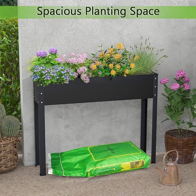 MAT EXPERT Raised Garden Bed 31.5’’ Elevated Metal Planter Box Stand w/Drainage Hole Outdoor Indoor Plant Container for Vegetable Flower Herb Fruit Standing Raised Bed for Backyard (Black)