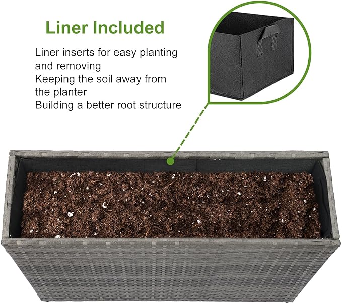 LEWIS&ampWAYNE Large Rectangular Block Planter Box Handmade Wicker Tall Planters for Outdoor Plants with Removable Liners Modern Planter for Indoor Outdoor Patio Deck - Gray 38''x11''x30''