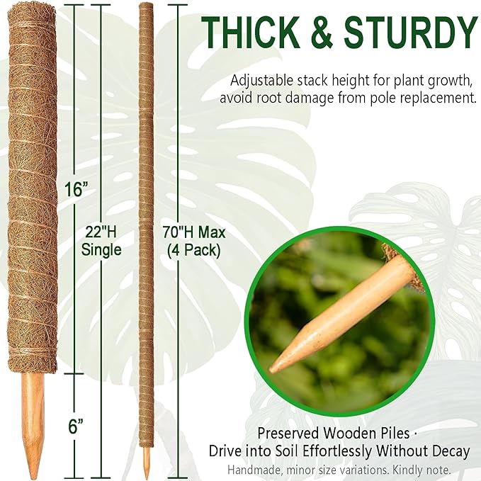 Soupiar 4 Pack 22 Inch Stackable Moss Pole - Thick &amp Sturdy Natural Coir Totem Plant Support &amp Garden Stakes for Monstera &amp Pothos Indoor Climbing Vining Houseplants 70”H Max