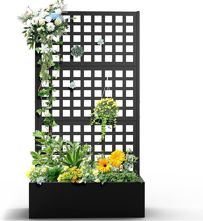 Metal Raised Garden Bed with Trellis for Climbing Plants Vegetable VinesMetal Planter Box with Trellis 71x35x16Trellis with Planter Box &amp Privacy Screen(Black)