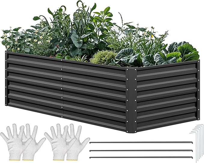 YITAHOME 6x3x2ft Raised Garden Bed Kit Galvanized Raised Bed with Gloves &amp Support Rod Outdoor Patio Planter Box for Plants Vegetables Flowers Black