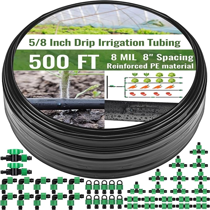500 ft 5/8 Inch Drip Tape Irrigation Kit Drip Tape 8 Mil 8 Spacing Hose Garden Watering Tubing System Automatic Irrigation Equipment for Plant Landscape Yard Lawn and Farm
