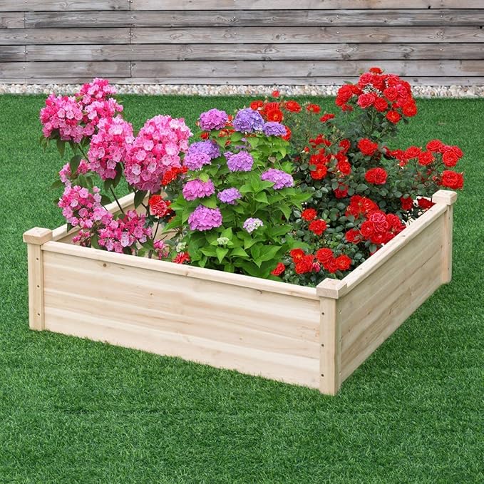 GRAFFY Rectangular Raised Garden Bed Wood Planter for Vegetable Flower 40''Lx40''Wx12''H Natural