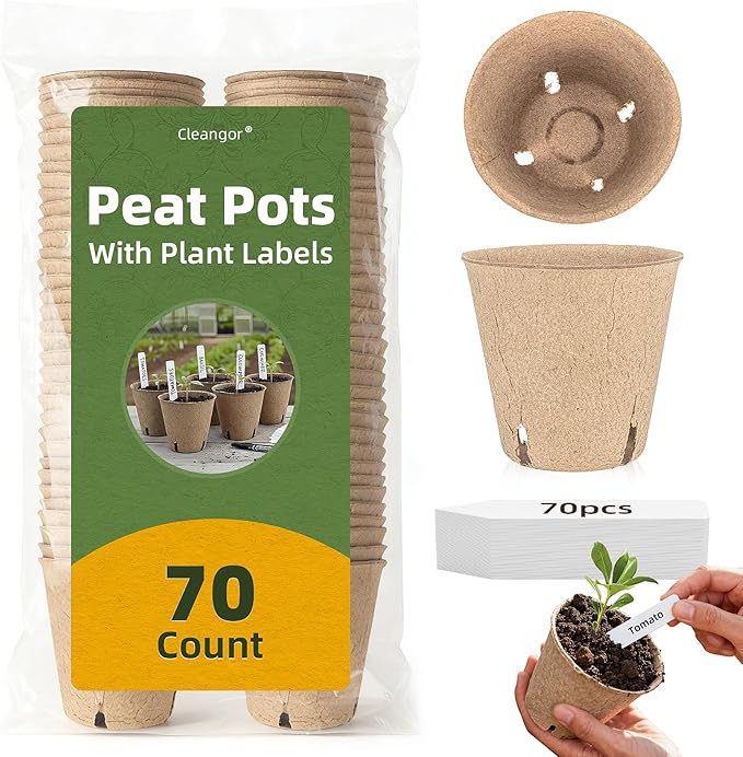 70Pcs Biodegradable 4” Peat Pots with 70Pcs Plant Labels Biodegradable Seed Starter Pots with Drainage Holes Nursery Pots for Seedlings Herbs Vegetables Flowers Gardening Kit