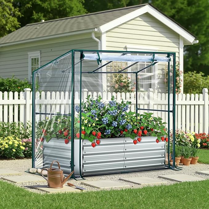 Ohuhu Raised Garden Bed with Cover Outdoor 4x2x1 FT Galvanized Metal Planter Box with PVC Greenhouse Cover Protects Plants from Frost Birds Insects 3-in-1 Gardening Set for Vegetable Flower Herb