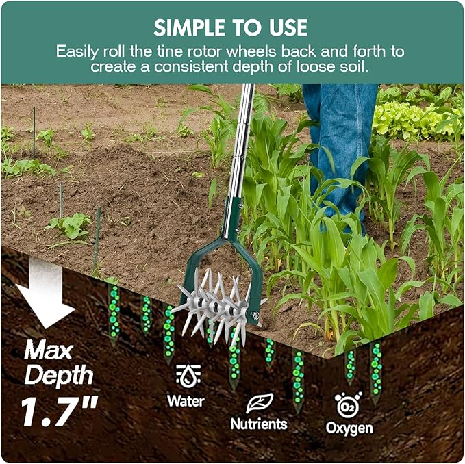 Garden Cultivator Adjustable Stainless Steel Handle fine Rotary Cultivator Tiller for Small Scale Gardens Soil Loosening Lawn Aeration Fertilizer Mixing &amp Planting Preparation
