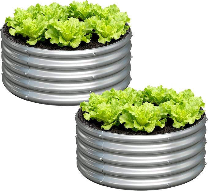 2x2x1ft(2 Pack) Galvanized Round Raised Garden BedOutdoor Planter Box Metal Patio Kit Planting Bed for Vegetables Flowers HerbSilver