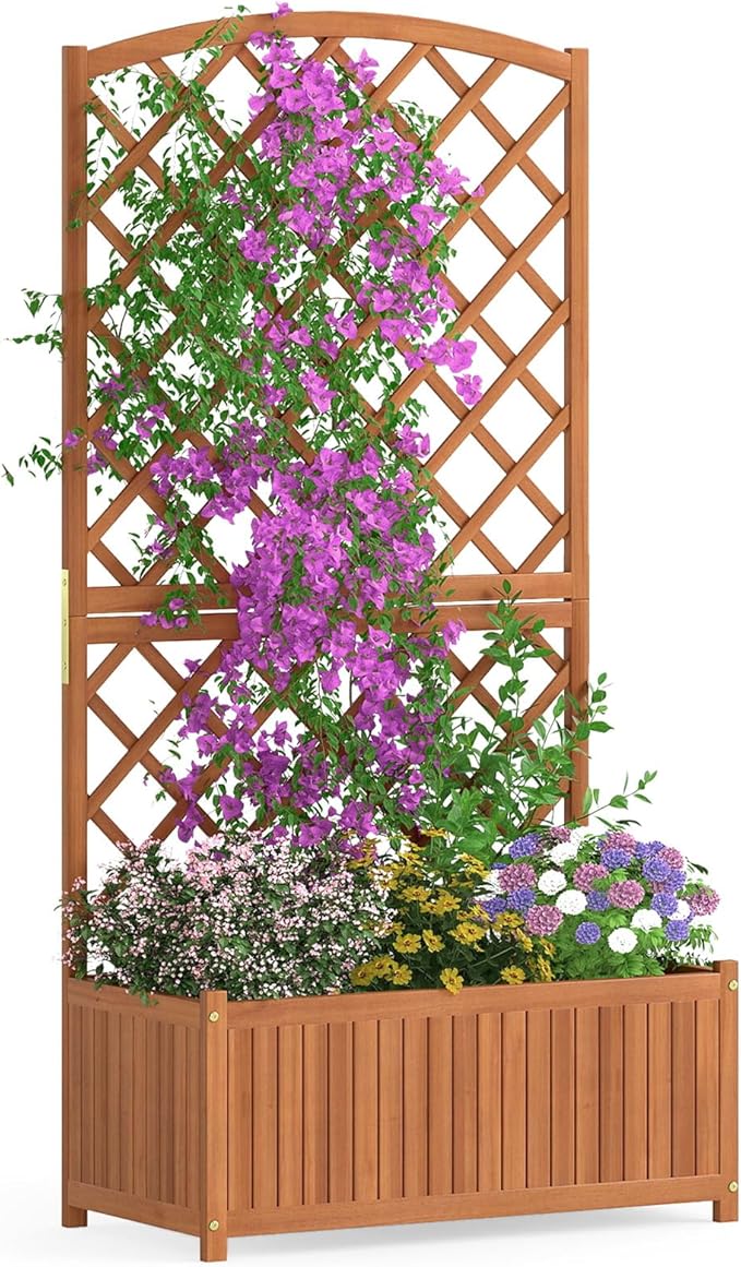 Raised Garden Bed with Trellis 30 x 14 x 10 Inch Large Planter Box Solid Acacia Wood Frame Slat Base 63” Tall Planter for Climbing Plants Flowers Outdoor Patio Balcony Backyard