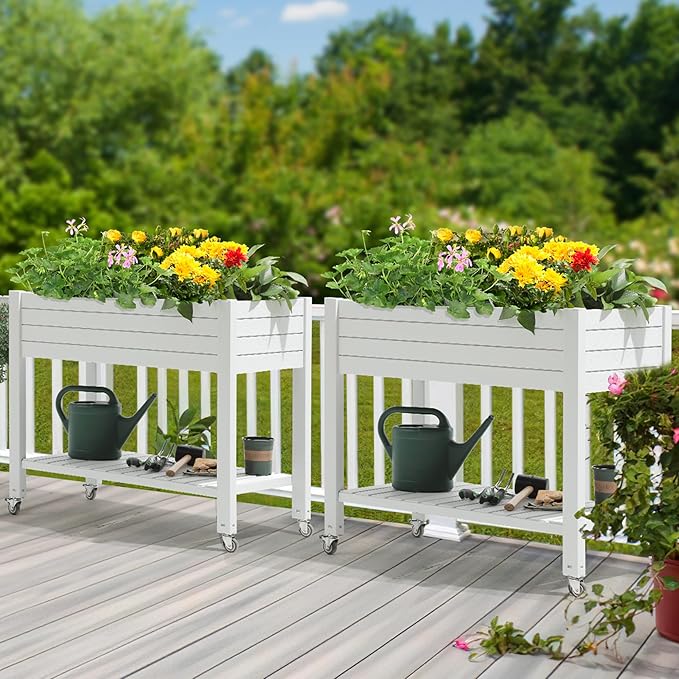 YITAHOME 43.3x17.7x34 in Elevated Garden Bed Outdoor Plastic Planter Box with Wheels Legs Drain Plug and Storage Shelf for Plants Vegetables Flowers Herbs Grayish-White