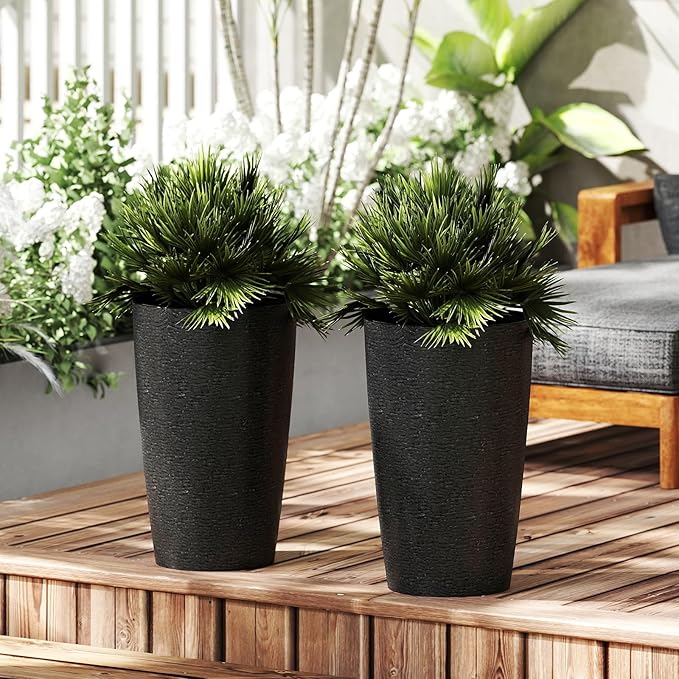 Giantex 21” Tall Plastic Planters Set of 2 Round Tapered All Weather Flower Pots with Drainage System Indoor Outdoor Stackable Decorative Plant Containers for Front Porch Home Garden (Black)