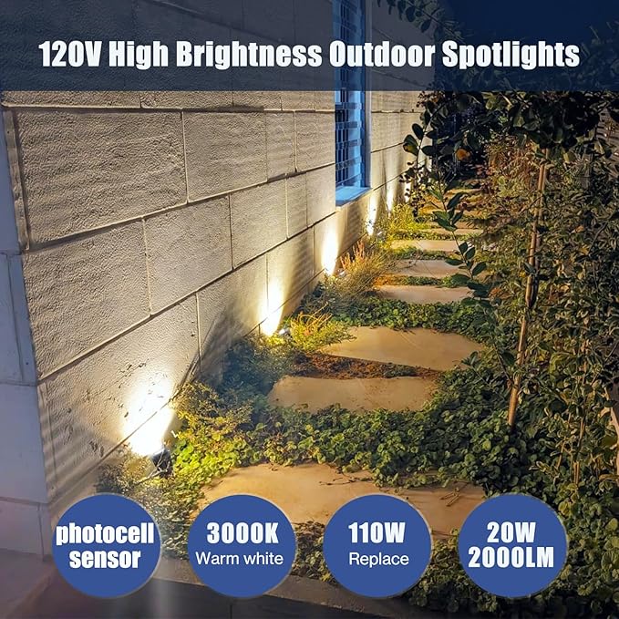 20W Dusk to Dawn Led Outdoor Light 120V 3000K 2000lm Warm White LED Spot Lights Outdoor Landscape Spotlights with Photocell Sensor IP65 Waterproof Spot Lights for Yard Flag Garden Tree 2 Pack