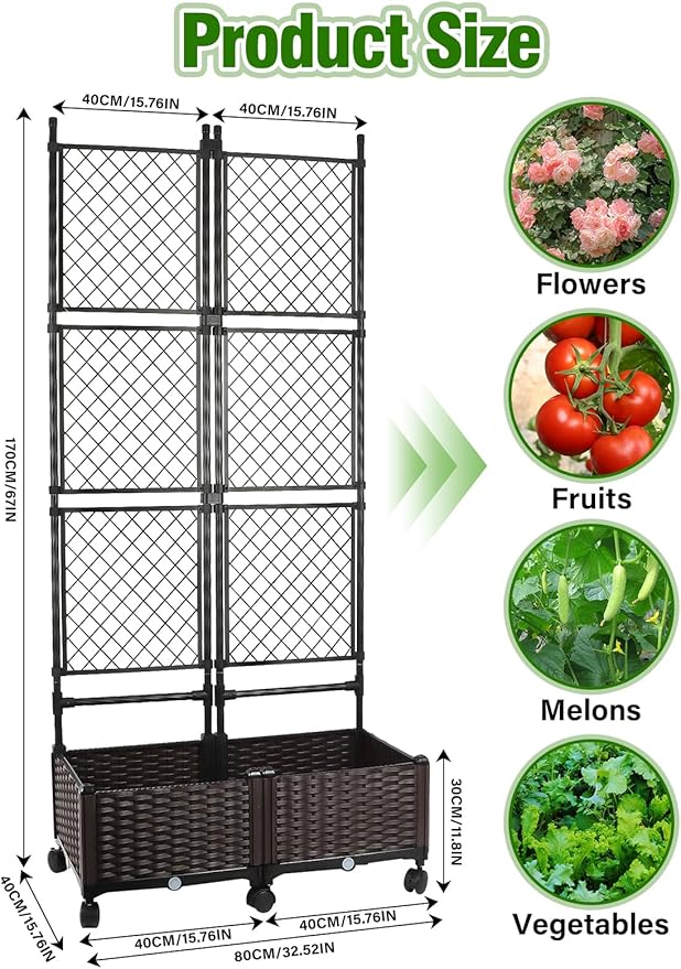 Kalolary 170CM Raised Garden Bed with Metal Trellis Large Plastic Planter Box with Drainage Hole on Wheels Tomato Planters Climbing Trellis Outdoor Indoor for Climbing Plants Vegetable Flowers Vine