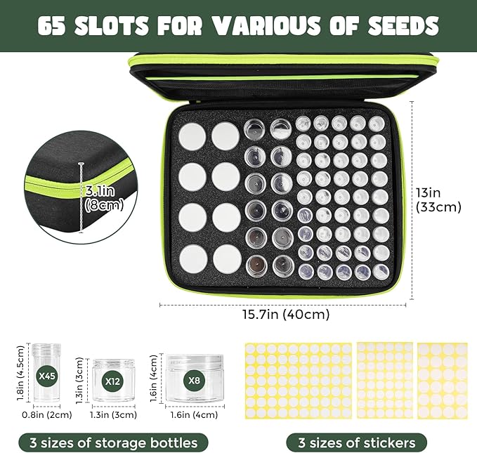 ProCase 65 Slots Seed Storage Organizer Sorter Box Sturdy Seed Bank Saving Kit Container for Garden Vegetable Plant Flower Seed Keeper Set with Label Stickers Funnel 3 Size of Bottles 1 oz 3 oz 5 oz