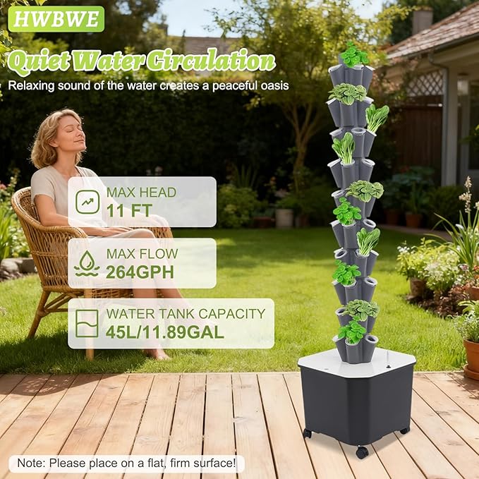 50 Pots Hydroponics Tower 8 Tiers Hydroponics Growing System Tower Vertical Tower Planter Pump Tower with Water Tank Irrigation Pump and Movable Water Tank for Hydroponic Gardening Lovers (Grey)