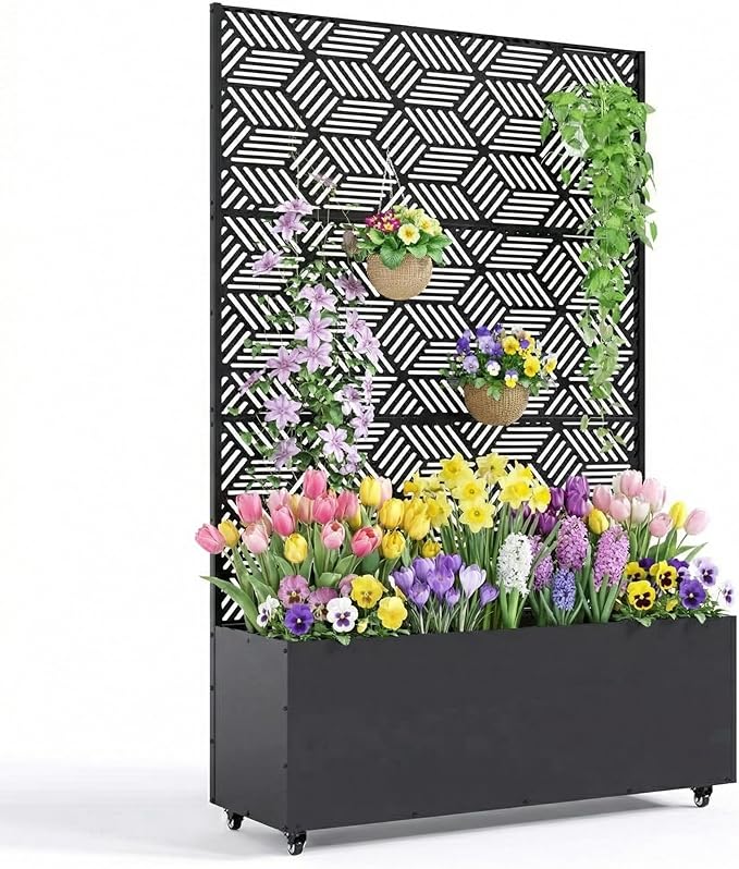 Metal Planter Box with Trellis 47X16X71 Raised Garden Bed w/Wheels Galvanized Metal Privacy Screen for Climbing Plants Vegetables Vines Patio Planters with Drainage Holes 16 Deep Bed