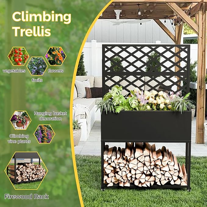 Raised Garden Bed with Trellis Metal Raised Planter Box with Trellis Privacy Planters for Patio Raised Garden Beds Outdoor Standing with Drainage Holes Wheels Black