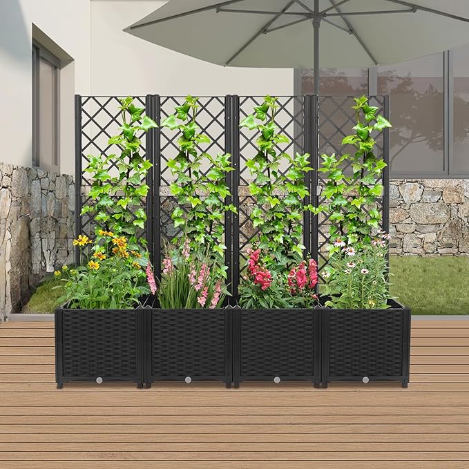 4 PCS Plastic Plant Box with Trellis Raised Garden Bed with Trellis Multifunctional Privacy Screen Planter for Climbing Plant Patio Balcony Backyard 63x16x56
