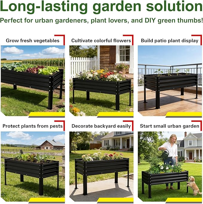 Large Galvanized Raised Garden Bed Outdoor with Legs Load Capacity 1200LB 48x26x30in Metal Elevated Raised Planter Box for Backyard/Patio/Balcony/Gardening/Vegetables Flowers Black