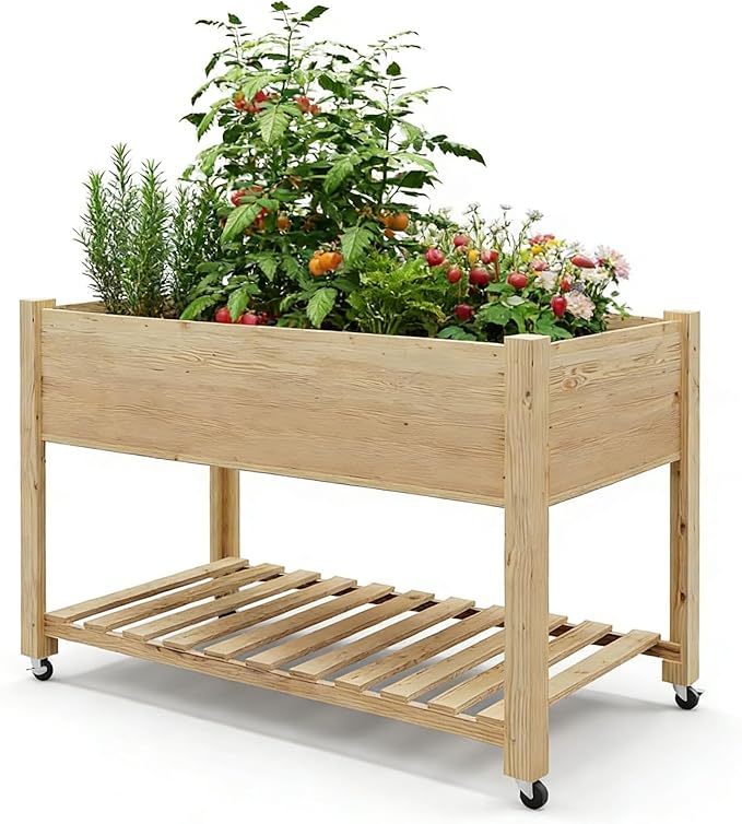 IDEALHOUSE Raised Garden Bed with Wheels 48x24x32in Wooden Elevated Planter Box for Vegetables &amp Herbs Mobile Outdoor Garden Bed with Liner &amp Storage Shelf for Patio Balcony Backyard Natu