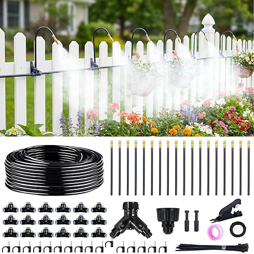 100FT 360° Adjustable Drip Irrigation Kit – 1/4 Tubing with 18 Nozzles Full-Circle Spray for Greenhouse Vegetable Garden &amp Potted Plants Water-Saving DIY Irrigation System