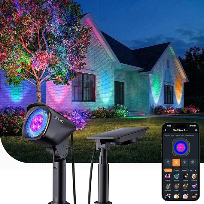 Linkind Smart Solar Lights Outdoor Waterproof SL6C Dual-Ring Solar &amp USB Charging Solar Spotlights Outdoor Waterproof IP66 Color Changing Spot Light for Yard Tree Landscape House 1 Pack