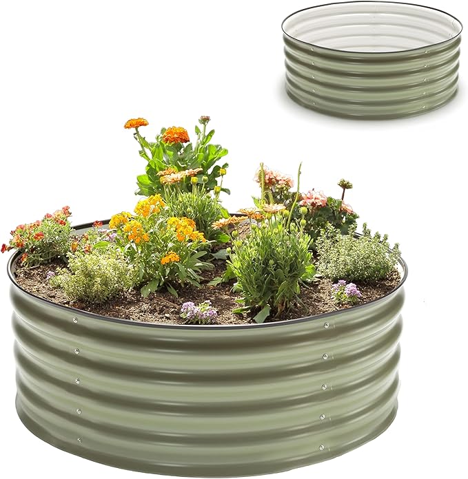 Epic Gardening 5-in-1 Modular Galvanized Raised Garden Bed Kit 15 Tall Metal Planter Box Durable Aluzinc Steel Raised Garden Bed Outdoor for Vegetables Herbs Flowers &amp Fruits - Round - Mist G