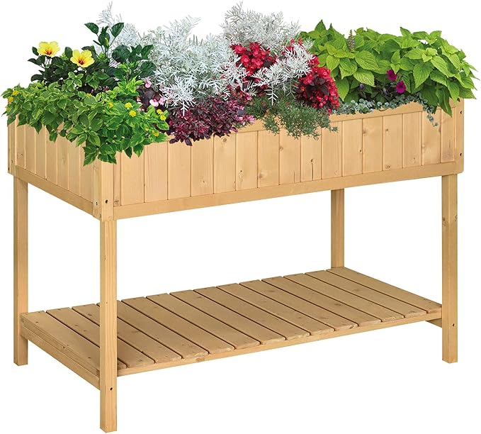43x18x30in Raised Garden Bed with 8 Pockets and Shelf Wooden Elevated Planter Box with Legs to Grow Herbs Vegetables and Flowers Natural