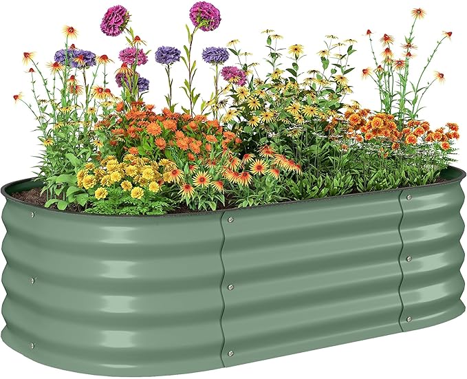 Outsunny 3.5' x 2' x 1' Galvanized Raised Garden Bed Kit Outdoor Metal Elevated Planter Box with Safety Edging Easy DIY Stock Tank for Growing Flowers Herbs &amp Vegetables Green