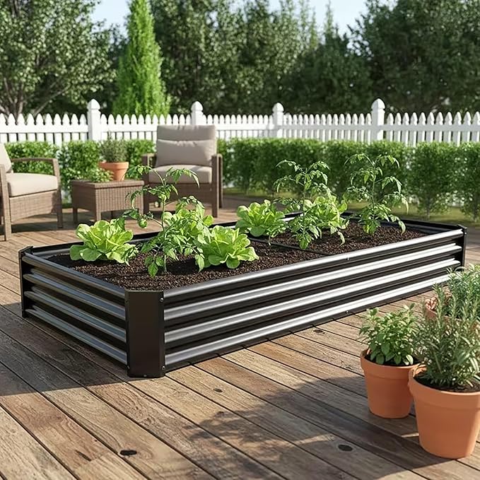 Metal Galvanized Raised Garden Bed Kit 8 x 4 x 1 ft Galvanized Steel Raised Garden Planter Box Outdoor with Open Base for Growing Vegetables/Flowers/Herbs/Fruits/Succulents Rectangle Black