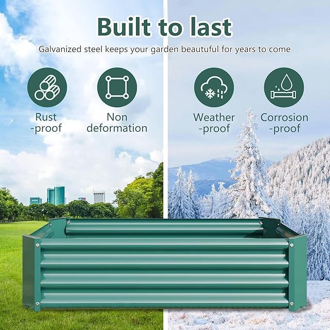 Raised Garden Beds Outdoor for Gardening 4×2×1ft Galvanized Rectangular Plastic Raised Planter Garden Box for Fruit Vegetables Herbs Flowers Growing Bed for Lawn Patio Balcony Green