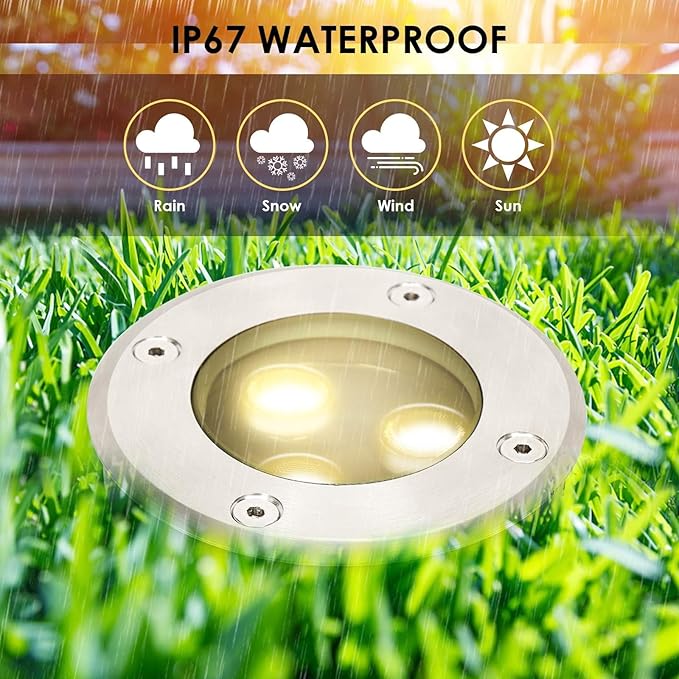 Outdoor Buried Lights 85-265V Ground LED Landscape Lamp IP65 Waterproof Outdoor Recessed LED Spotlights Stainless Steel Material Round Buried Light High Load-BWarm White-1PCS-3W