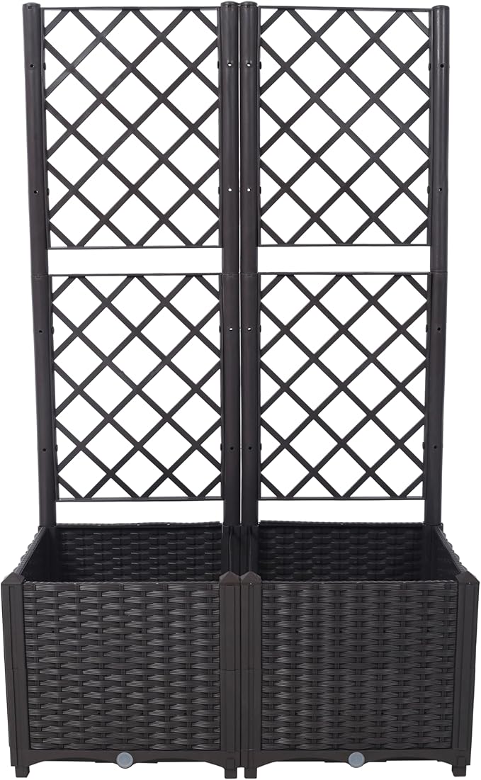 Poly Rattan Brown Trellis Raised Bed with Drainage Plug 2 Removable Pots with Large Flower Boxes Built in Support for Climbing Plants Outdoor Patio GDecoration