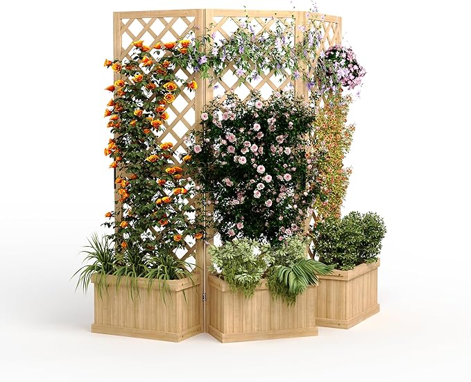 Planter Box with Trellis- 62x10x65 Freestanding 3-Panel Garden Divider with Raised Bed &amp Drain Holes | Privacy Planters for Patio Deck Backyard | Planter with Trellis for Climbing Plants