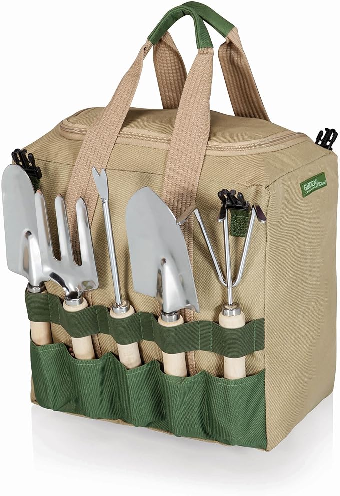 PICNIC TIME Disney Winnie The Pooh Gardener Folding Seat with Tools Folding Garden Stool with Detachable Tote and Hand Tool Set Organizer Portable Gardening Chair (Olive Green with Beige Accents)