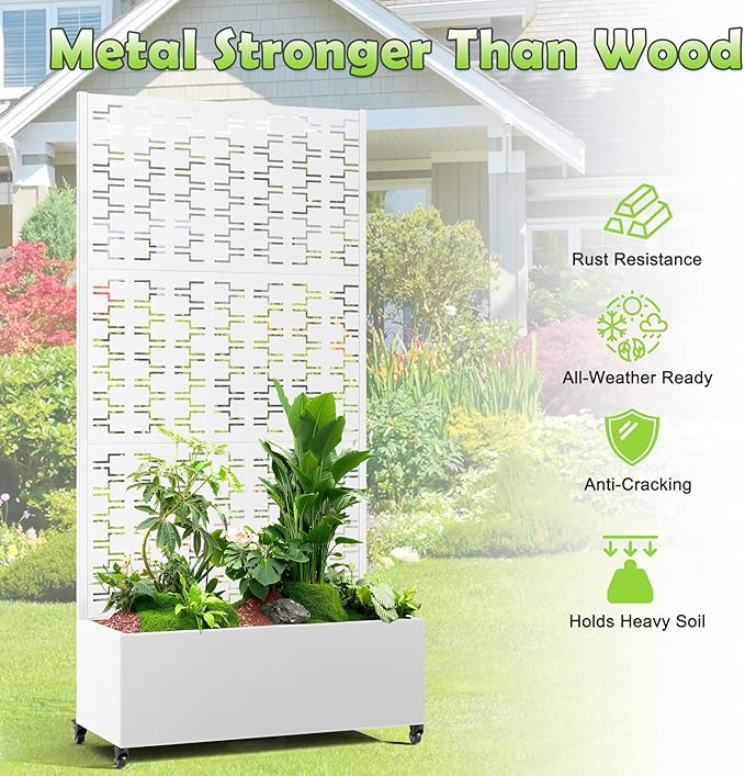 15.7×70.9×35.4 Metal Raised Garden Bed with Trellis and Wheels - Tall Trellis Planter Box for Climbing Plants Vegetables &amp Vines - Outdoor Privacy Planters for Patio (White-Brick)