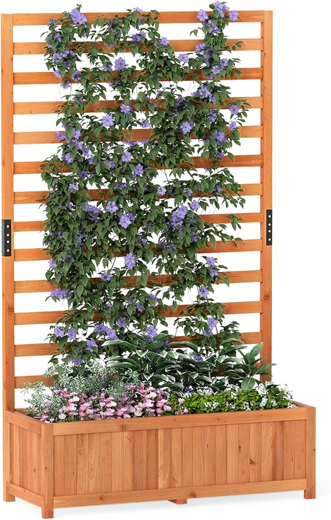 IRONMAX Raised Garden Bed with Trellis Wood Planter Box with Liner Drainage Gaps for Climbing Plants Vines Flowers Vegetables Outdoor Privacy Screen Planter for Patio Porch Backyard