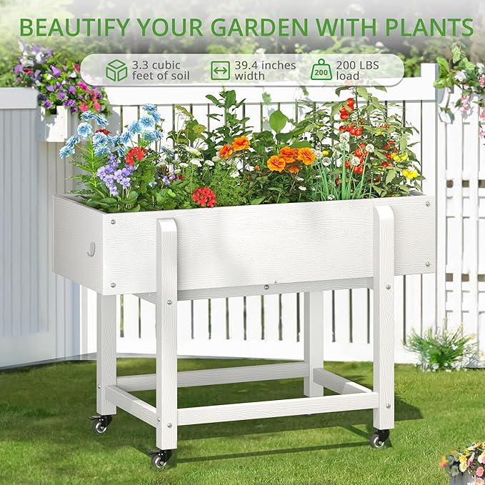 LUE BONA Raised Garden Bed with Wheels 39.4 * 16.7 * 28 in Poly Elevated Outdoor Planter Box with Tools Weather Resistant Standing Growing Bed Herb Planter for Vegetable Flowers Fruits