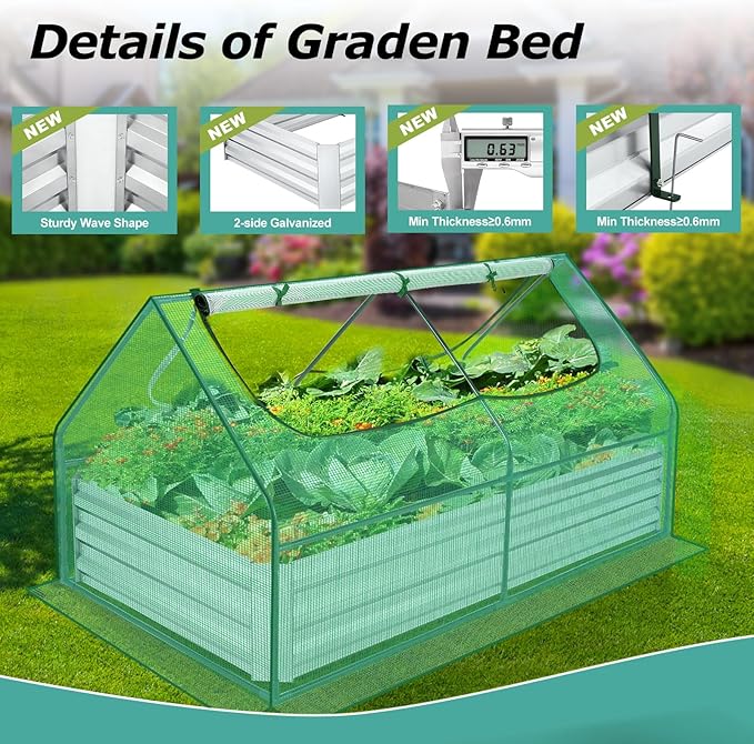 SEJOV 6x3x1ft Galvanized Raised Garden Bed with Cover &amp 2 Large Windows Mini Greenhouses for Outdoors Metal Planter Box Kit for Vegetables Flowers Herbs 1 Pair of Gloves Included Green