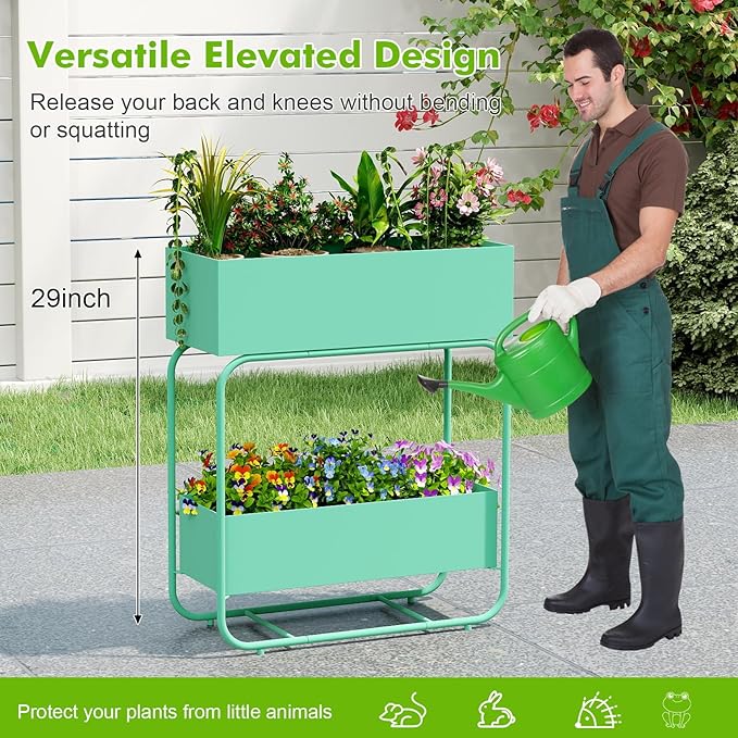 AIIT 2-Tier Metal Raised Garden Bed Planter Box with Drainage Double Layer Flower Stand for Vegetables and Herbs Indoor Outdoor