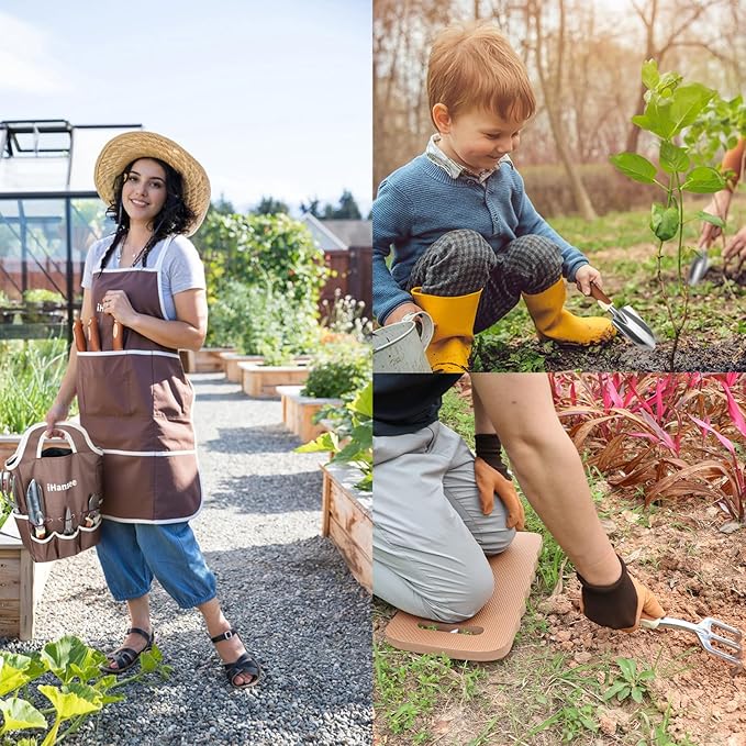 Brown Gardening Tools Set 12-Piece Garden Hand Tool Kit with Non-Slip Ergonomic Handle Storage Tote Bag Garden Apron Gloves and Kneeling Pad Gardening Gifts for Women Men Plant Lover