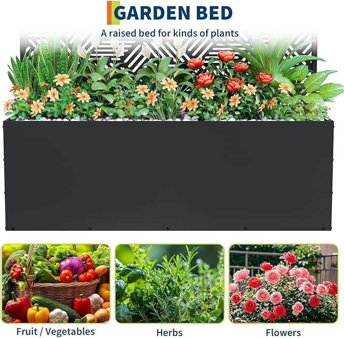 Garvee Metal Raised Garden Bed with Trellis 71x47x16 Metal Planter Box with Trellis Privacy Screen for Climbing Plants Vegetable Vines Drainage Holes 15.8 Deep Planting Bed Black