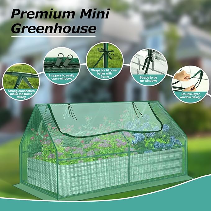 SEJOV 6x3x1ft Galvanized Raised Garden Bed with Cover &amp 2 Large Windows Mini Greenhouses for Outdoors Metal Planter Box Kit for Vegetables Flowers Herbs 1 Pair of Gloves Included Green