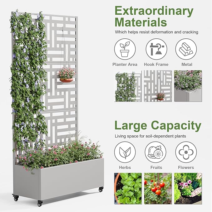 Casaphoria Metal Raised Garden Bed with Trellis and Wheels 72x35x16 Planter Box for Climbing Plants Vegetables &amp Vines Features Drainage Holes and Privacy Screen (Grey-Helen)