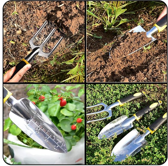 Garden Tool Set 3 Pcs Gardening Tools Including Garden Trowel Transplant Trowel and Hand Cultivator Aluminum Alloy Gardening Supplies with Handle for Gardening Digging Transplanting Yellow