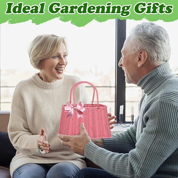 Gardening Gifts for Women Gardeners - Garden Tools Set with Woven Basket Gardening Kit with Trowel Pruning Shears Weeding Knife Hand Rake Gardening Tools for Mom Grandma Birthday Gifts Pink